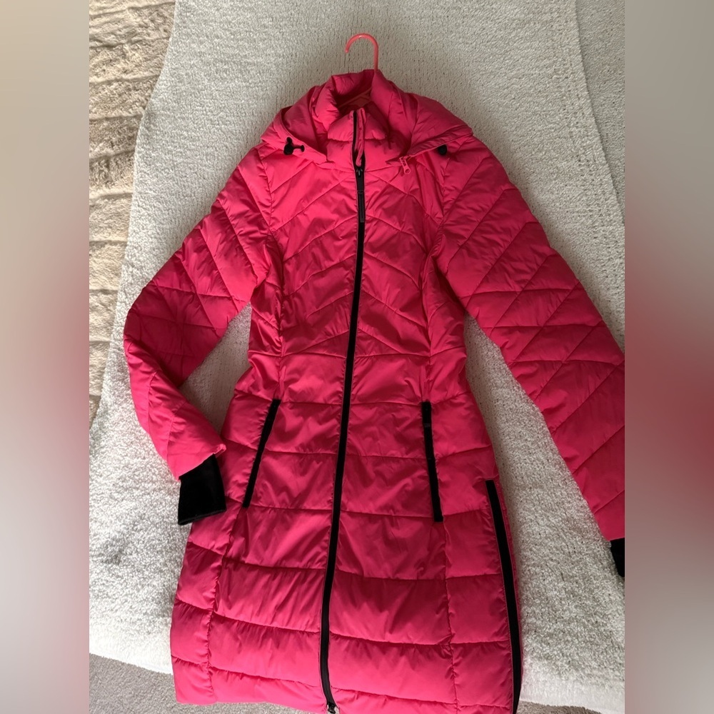 M&S ACTIVE Bright Pink Puffer Jacket Pink Long Puffer Coat With Detachable Hood - Picture 6 of 16